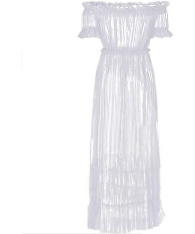 Women Sexy Lace Off Shoulder Mesh See Through Long Pleated Maxi Dress Club Party Gown White $13.34 Dresses