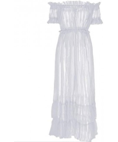 Women Sexy Lace Off Shoulder Mesh See Through Long Pleated Maxi Dress Club Party Gown White $13.34 Dresses