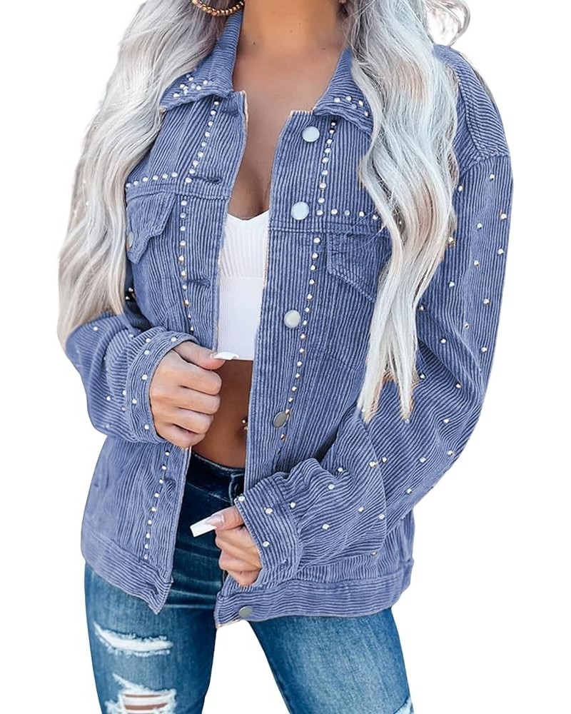 Women's Button Down Rivet Studded Shirt Oversized Corduroy Jacket Tops Blue $25.47 Jackets