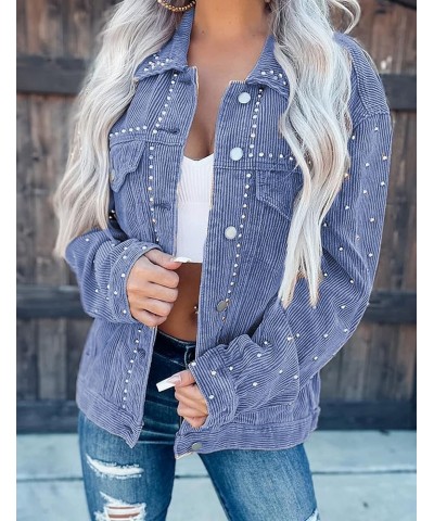 Women's Button Down Rivet Studded Shirt Oversized Corduroy Jacket Tops Blue $25.47 Jackets