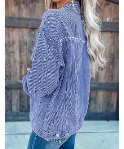 Women's Button Down Rivet Studded Shirt Oversized Corduroy Jacket Tops Blue $25.47 Jackets