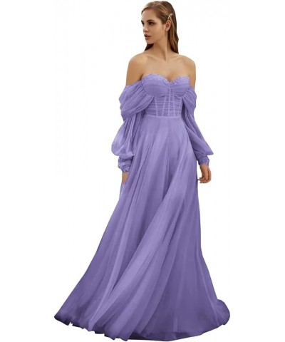 Women's Tulle Long Prom Dress Puffy Sleeve 2023 Off Shoulder Sweetheart Vintage Evening Party Gowns Lavender $32.40 Dresses