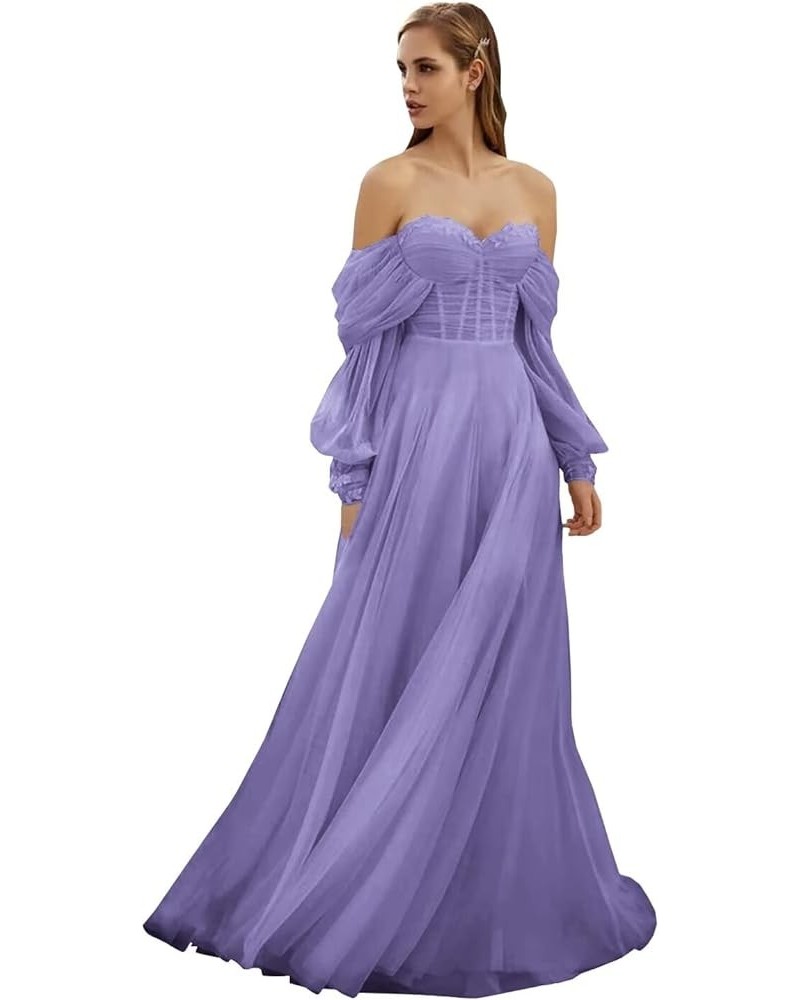 Women's Tulle Long Prom Dress Puffy Sleeve 2023 Off Shoulder Sweetheart Vintage Evening Party Gowns Lavender $32.40 Dresses