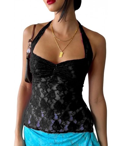 Women Y2k Lace Camisole Sexy Crop Tops Sleeveless Spaghetti Strap Tank Cami Bustier Backless Going Out Top Halter Black $9.63...