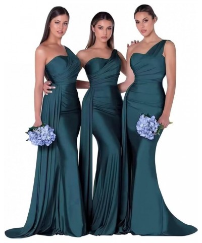 Mermaid Bridesmaid Dresses Long One Shoulder Satin 2024 Prom Dresses for Women Wedding Guest Gowns with Train Teal $32.50 Dre...