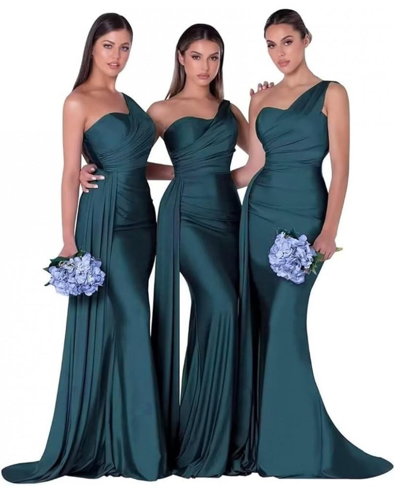 Mermaid Bridesmaid Dresses Long One Shoulder Satin 2024 Prom Dresses for Women Wedding Guest Gowns with Train Teal $32.50 Dre...