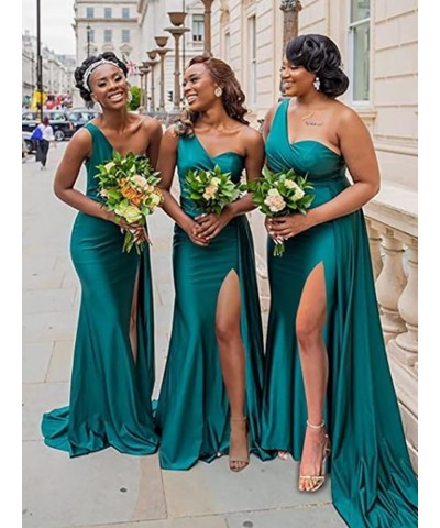 Mermaid Bridesmaid Dresses Long One Shoulder Satin 2024 Prom Dresses for Women Wedding Guest Gowns with Train Teal $32.50 Dre...