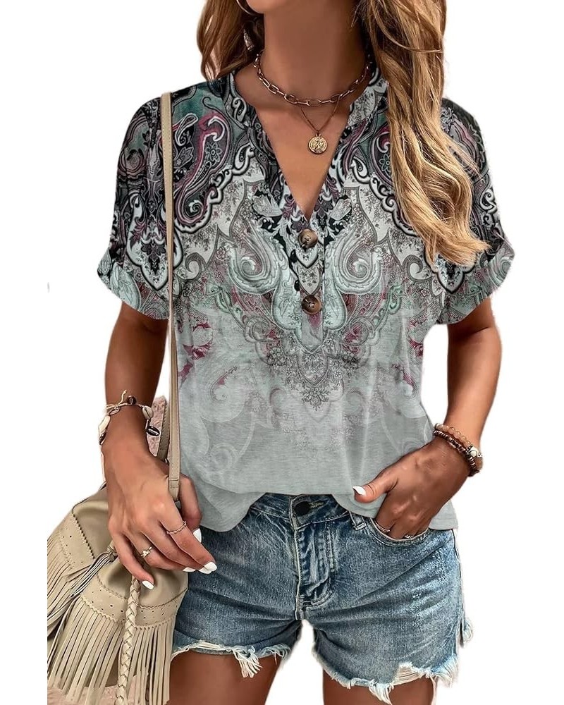 Womens Vintage Ethnic Floral Print Short Sleeve Casual Blouse Shirt Summer Boho Tunic Tops D 2 $13.84 Tops