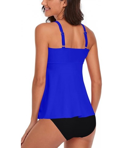 Tummy Control Tankini Swimsuits for Women's 2 Piece Bikini Long Tank Top with Bikini Bottom Blue & Black $11.79 Swimsuits