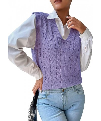 Womens V Neck Sweater Vest School Uniform Vest Striped Cable Knit Sleeveless Sweater Tops B Purple $13.33 Sweaters