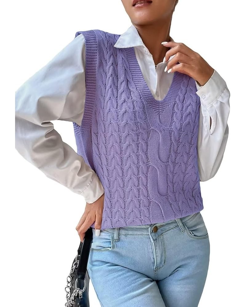 Womens V Neck Sweater Vest School Uniform Vest Striped Cable Knit Sleeveless Sweater Tops B Purple $13.33 Sweaters