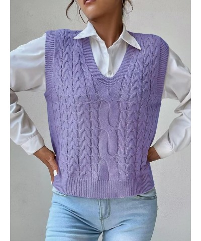 Womens V Neck Sweater Vest School Uniform Vest Striped Cable Knit Sleeveless Sweater Tops B Purple $13.33 Sweaters