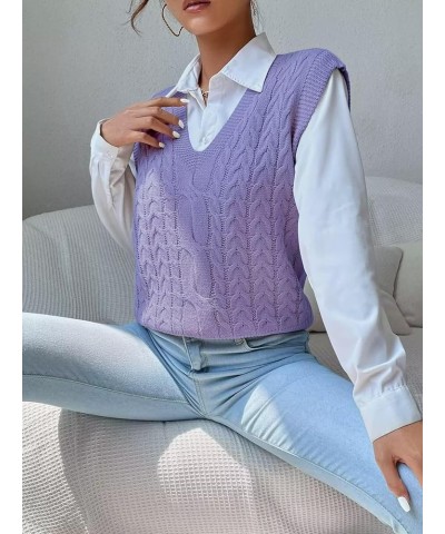 Womens V Neck Sweater Vest School Uniform Vest Striped Cable Knit Sleeveless Sweater Tops B Purple $13.33 Sweaters