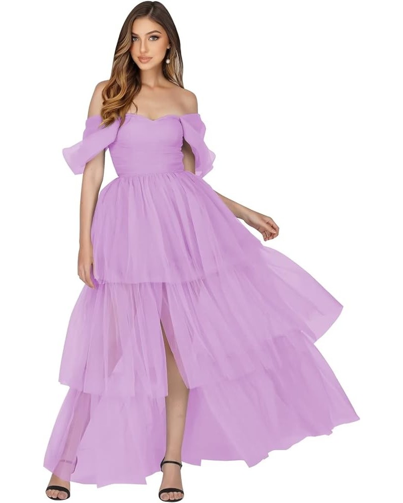 Off The Shoulder Tulle Prom Dresses Layered Ruffles Ball Gown for Women Formal Maxi Dresses with Split Lilac $33.11 Dresses