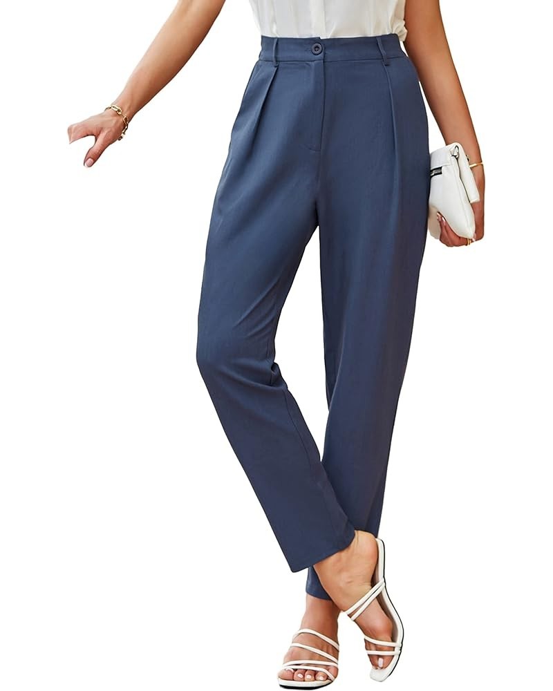 Women's Casual Work Pants with Pockets Elastic Waist Plaid Pants 2122-indigo Blue $18.04 Pants