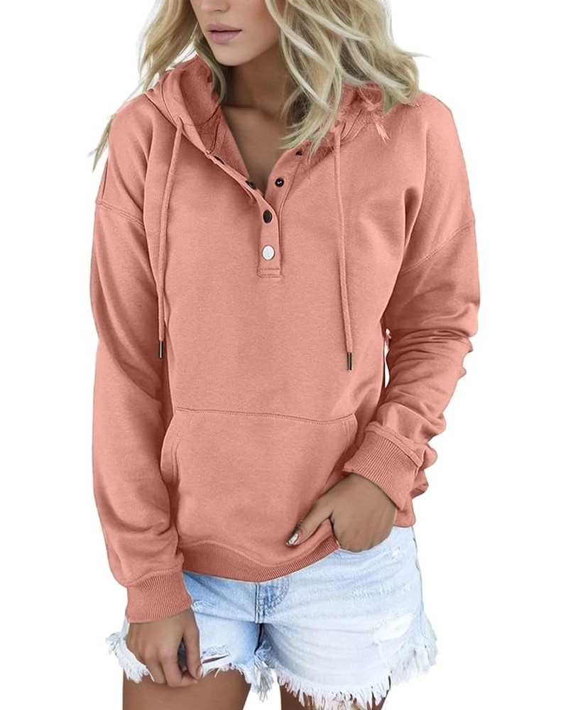 Womens Fall Fashion 2023 Button Collar Drawstring Hoodies Pullover Casual Plus Size Solid Sweatshirts with Pocket A-pink $10....