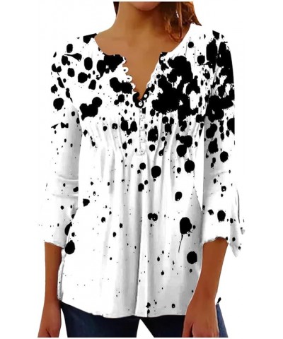 Fall Tops for Women Casual 3/4 Length Sleeve T Shirts Button Up V Neck Tunics Floral Print Loose Lightweight Blouses 03 White...