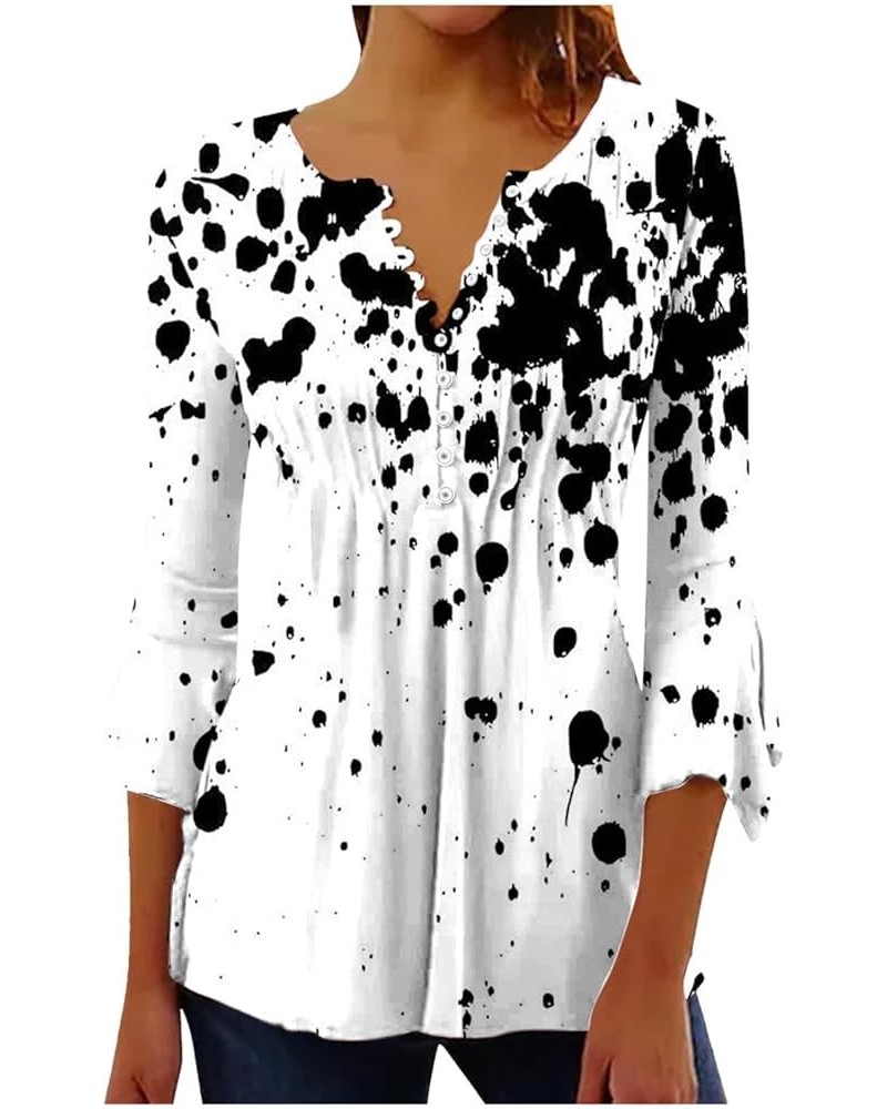 Fall Tops for Women Casual 3/4 Length Sleeve T Shirts Button Up V Neck Tunics Floral Print Loose Lightweight Blouses 03 White...