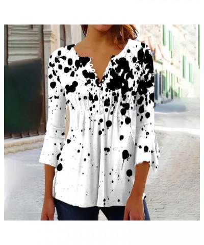 Fall Tops for Women Casual 3/4 Length Sleeve T Shirts Button Up V Neck Tunics Floral Print Loose Lightweight Blouses 03 White...