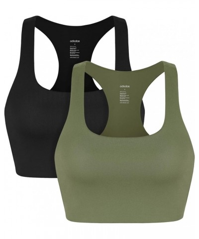 2-Pack Racerback Sports Bra for Women Medium Support Non Padded Yoga Bra with Band Sleeveless Crop Tank Tops Black+dark Olive...