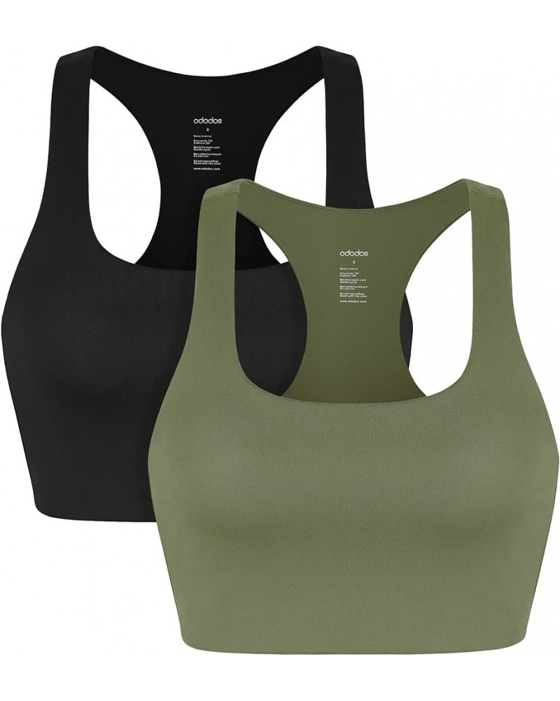 2-Pack Racerback Sports Bra for Women Medium Support Non Padded Yoga Bra with Band Sleeveless Crop Tank Tops Black+dark Olive...