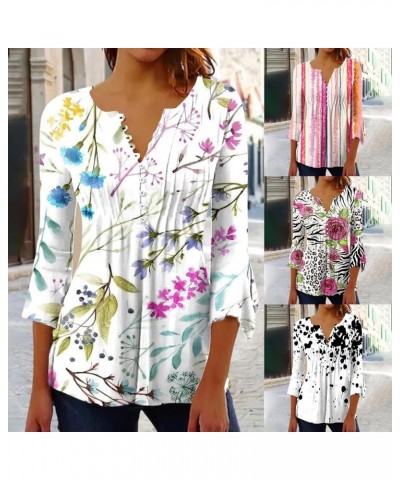 Fall Tops for Women Casual 3/4 Length Sleeve T Shirts Button Up V Neck Tunics Floral Print Loose Lightweight Blouses 03 White...