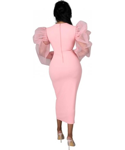 Women's Elegant Plus Size Dresses Sheer Mesh Puff Sleeve Tunic Bodycon Pencil Midi Dress Puff Sleeve Pink $21.60 Dresses