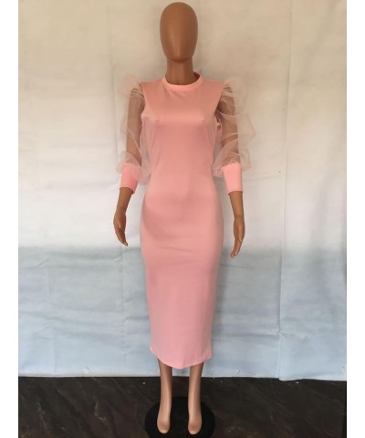 Women's Elegant Plus Size Dresses Sheer Mesh Puff Sleeve Tunic Bodycon Pencil Midi Dress Puff Sleeve Pink $21.60 Dresses