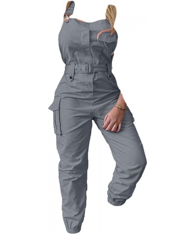 Women's Sleeveless Cargo Overalls Adjustable Straps Pockets Belted Jumpsuits Beam Foot Stretch Casual Fashion Bib Pants… Grey...