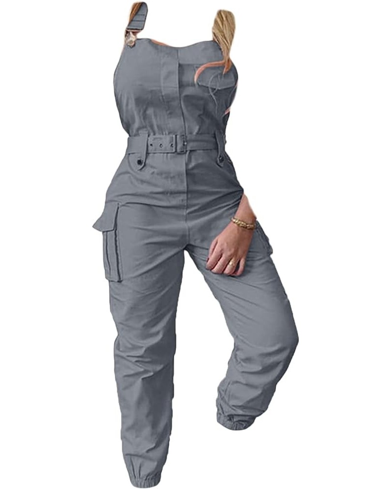 Women's Sleeveless Cargo Overalls Adjustable Straps Pockets Belted Jumpsuits Beam Foot Stretch Casual Fashion Bib Pants… Grey...