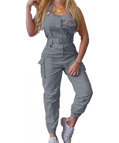 Women's Sleeveless Cargo Overalls Adjustable Straps Pockets Belted Jumpsuits Beam Foot Stretch Casual Fashion Bib Pants… Grey...