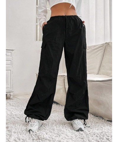 Women's Parachute Pants Baggy Cargo Pants Y2K Low Waisted Wide Leg Jogger Trousers Streetwear Black Pure $11.87 Activewear