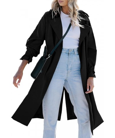 Women's Long Trench Coat Double Breasted Classic Lapel Oversized Windproof Overcoat Outerwear with Belt Black $31.10 Coats