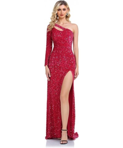 One Shoulder Long Sleeve Sequin Gowns Sparkly Mermaid Prom Dresses for Women Formal Evening Party Navy Blue $40.32 Dresses