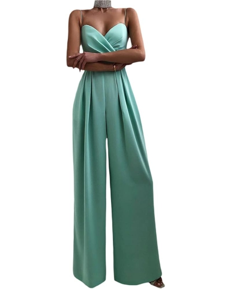 Women Sleeveless Feather Jumpsuit Spaghetti Strap High Waist Long Pants Romper Elegant Off Shoulder Wide Leg Jumpsuits Blue R...