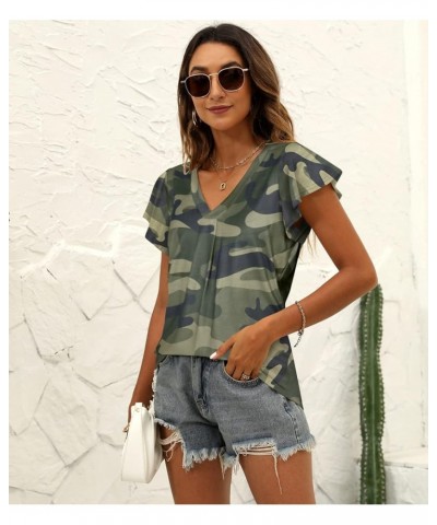 Women's Summer Tops Ruffle Sleeve V Neck Tunic Shirts Business Casual Flowy Blouses for Women Camo $12.97 Tops