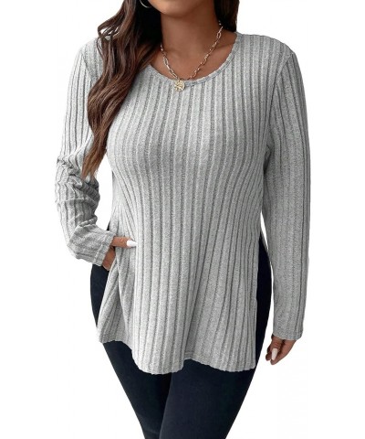 Women's Plus Size Ribbed Knit Long Sleeve T-Shirt Stretch Split Hem Tee Casual Round Neck Tops Light Grey $11.20 T-Shirts