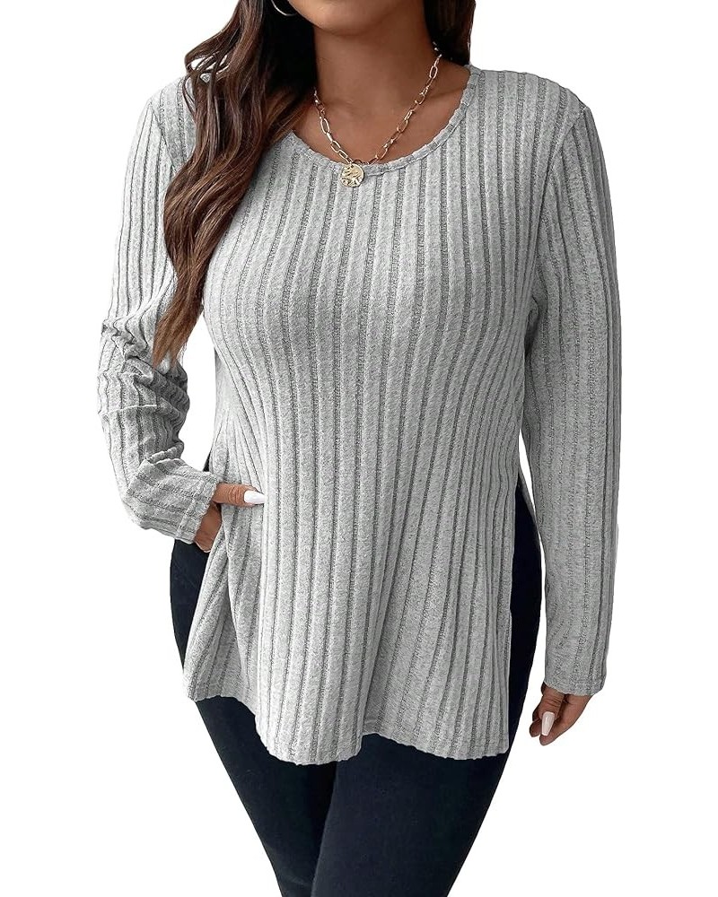 Women's Plus Size Ribbed Knit Long Sleeve T-Shirt Stretch Split Hem Tee Casual Round Neck Tops Light Grey $11.20 T-Shirts