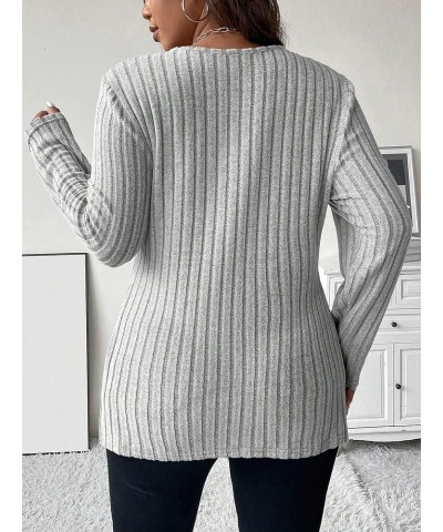 Women's Plus Size Ribbed Knit Long Sleeve T-Shirt Stretch Split Hem Tee Casual Round Neck Tops Light Grey $11.20 T-Shirts