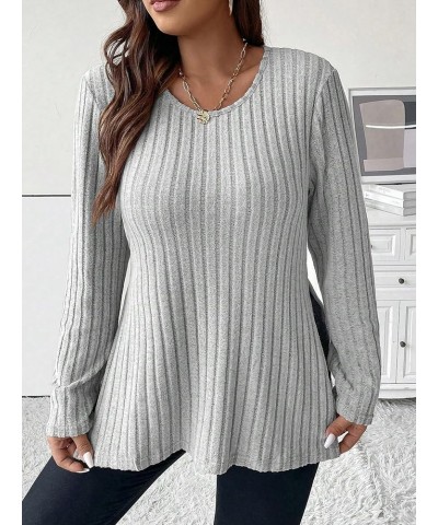 Women's Plus Size Ribbed Knit Long Sleeve T-Shirt Stretch Split Hem Tee Casual Round Neck Tops Light Grey $11.20 T-Shirts