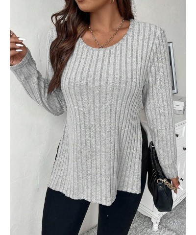 Women's Plus Size Ribbed Knit Long Sleeve T-Shirt Stretch Split Hem Tee Casual Round Neck Tops Light Grey $11.20 T-Shirts