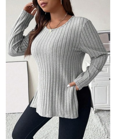 Women's Plus Size Ribbed Knit Long Sleeve T-Shirt Stretch Split Hem Tee Casual Round Neck Tops Light Grey $11.20 T-Shirts