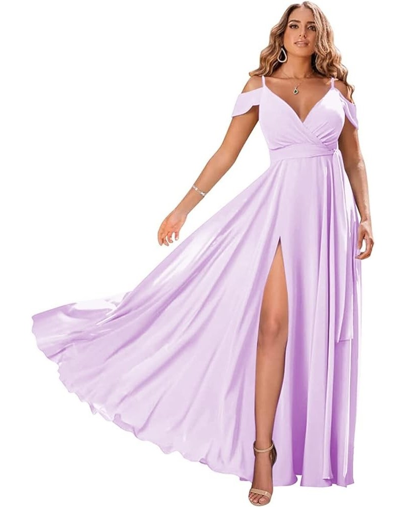 Women's Off Shoulder Bridesmaid Dresses Long Chiffon V Neck Spaghetti A-Line Formal Dress with Slit AC18 Lilac $33.14 Dresses