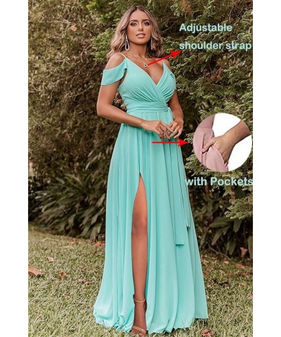 Women's Off Shoulder Bridesmaid Dresses Long Chiffon V Neck Spaghetti A-Line Formal Dress with Slit AC18 Lilac $33.14 Dresses