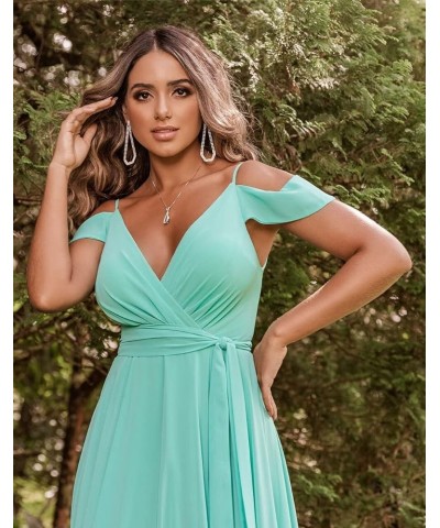 Women's Off Shoulder Bridesmaid Dresses Long Chiffon V Neck Spaghetti A-Line Formal Dress with Slit AC18 Lilac $33.14 Dresses