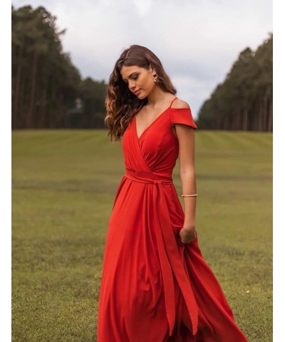 Women's Off Shoulder Bridesmaid Dresses Long Chiffon V Neck Spaghetti A-Line Formal Dress with Slit AC18 Lilac $33.14 Dresses