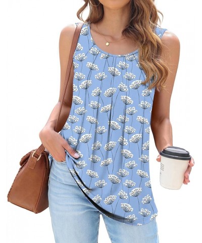 Women's Summer Tunic Top Short Sleeve Sleeveless Round Neck Pleated Casual Cute TShirts Basic Loose Blouses 04 Blue-dandelion...