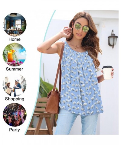 Women's Summer Tunic Top Short Sleeve Sleeveless Round Neck Pleated Casual Cute TShirts Basic Loose Blouses 04 Blue-dandelion...