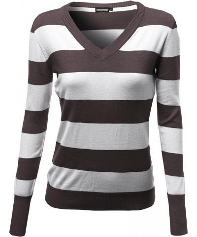 Women's Basic V-Neck Stripe Long Sleeves Knit Sweatshirt Awttl0151 Brown $10.29 Sweaters