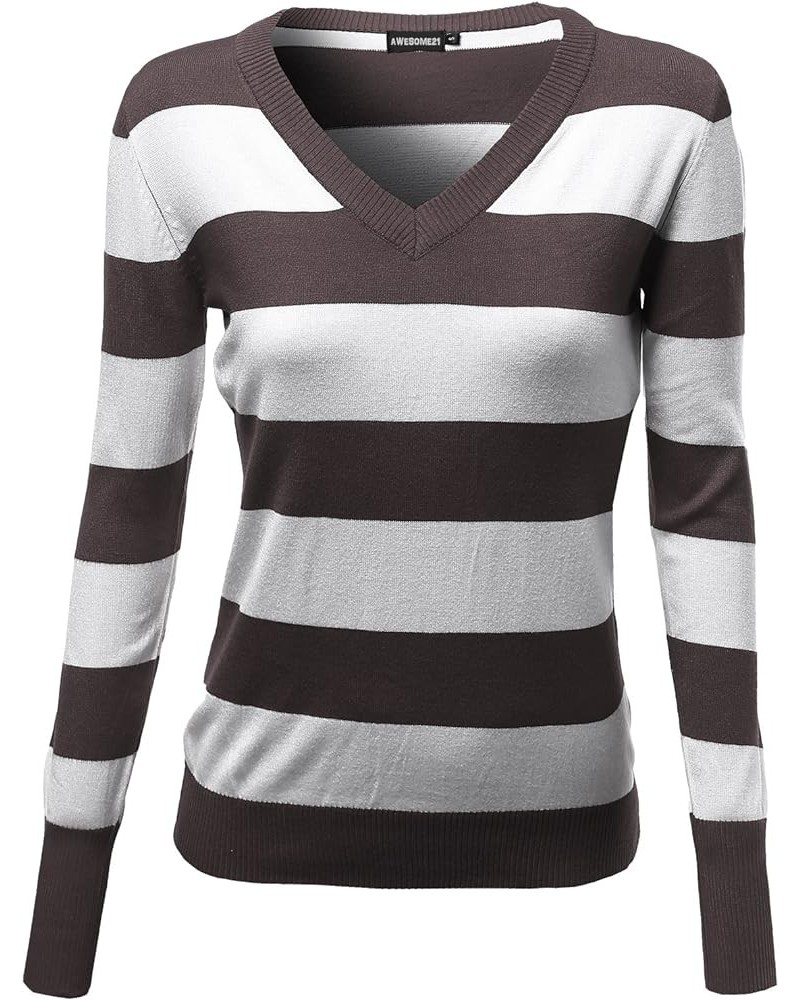 Women's Basic V-Neck Stripe Long Sleeves Knit Sweatshirt Awttl0151 Brown $10.29 Sweaters